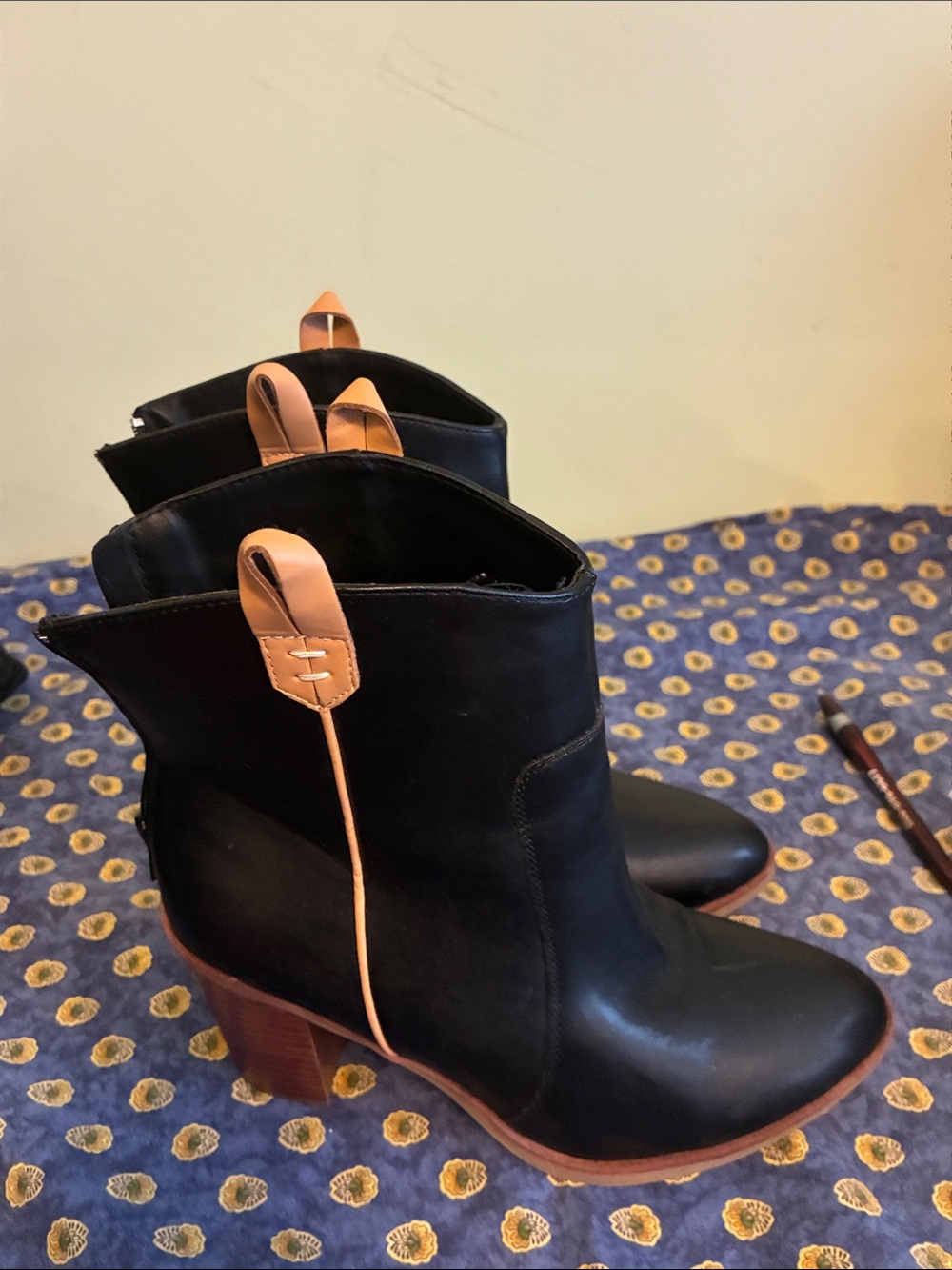 MIA Black Leather Ankle Boots with Tan Pull Tabs